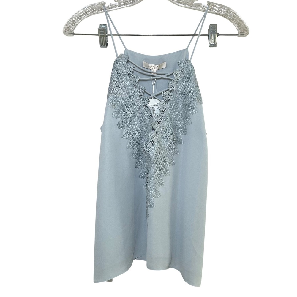 NWT Wayf‎ Blue Lace Trim Cami Tank Top Criss Cross Spaghetti Strap girly Small